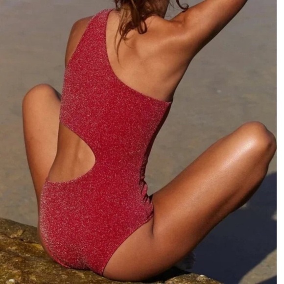 New! Beach Riot Red Metallic Celine One Shoulder One Piece Swimsuit 24035 - Picture 2 of 10